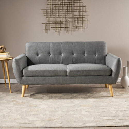 CouchMid-Century Modern Loveseat Sofa – Button-Tufted 2-Seater Couch for Small Spaces, Dark Gray Fabric Upholstery with Wooden Legs