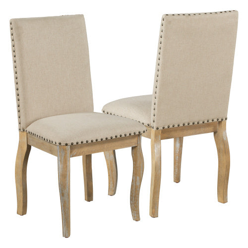 4 Piece Dining Chairs Set  – Wood Upholstered Fabric with Nailhead Trim (Natural Wood Wash)