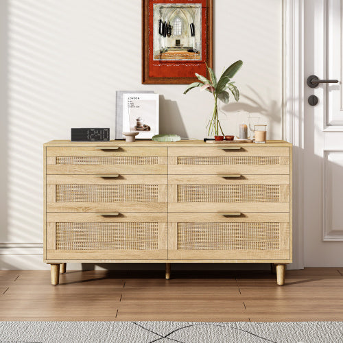Rattan Dresser With Drawers, 6 Drawer Dresser For Bedroom, Clothes Storage Cabinet For Bedroom, Metal Handle&Wood Legs For Hallway, Living Room, Bedroom,Natural