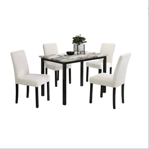 5-Piece White Dining Set – Faux Marble Table & Wool Fabric Chairs
