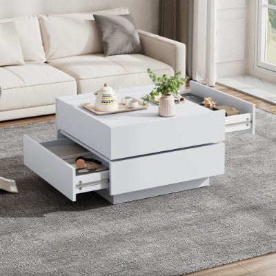Square 360 Rotating Coffee Table With 2 Drawers, Wooden 2-Tier Center Table With Swivel Tabletop And Storage, Tea Table , WhiteTable Frame Side Table For Living Room