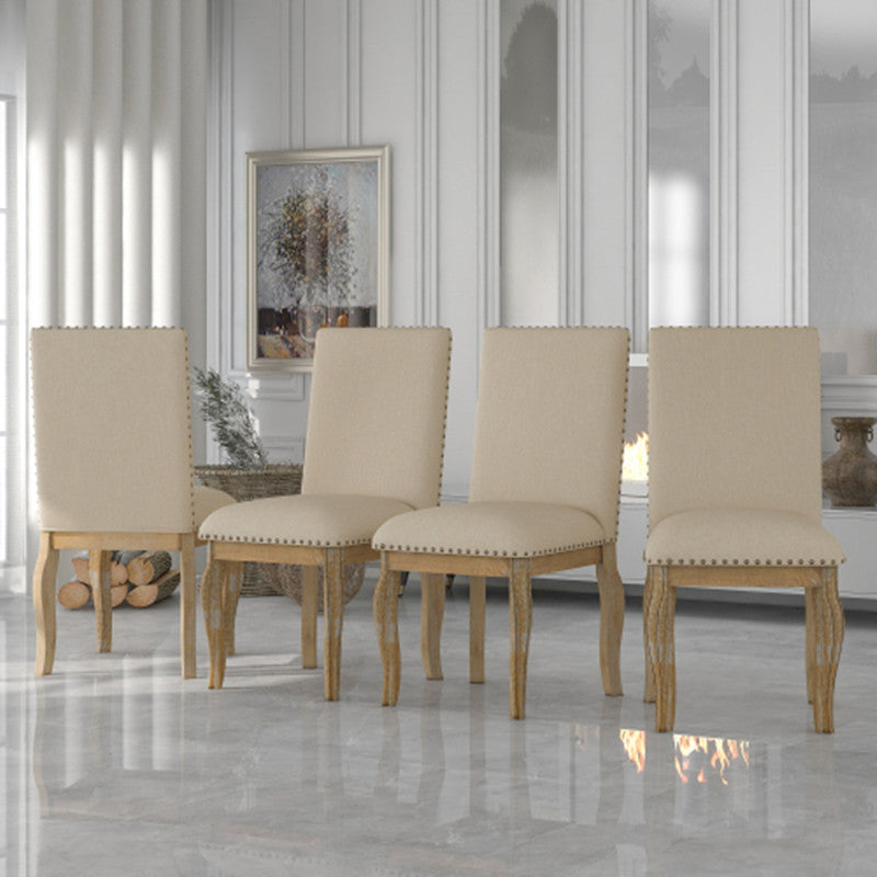 4 Piece Dining Chairs Set  – Wood Upholstered Fabric with Nailhead Trim (Natural Wood Wash)