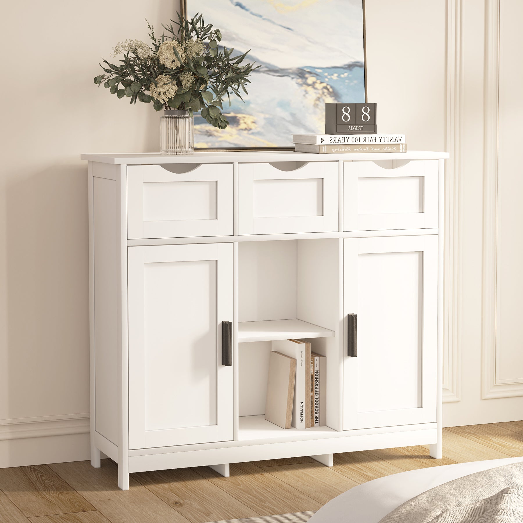Serenity Luxe White Cabinet – Multifunctional Home Décor Furniture with Shelves & Drawers for Bedroom, Living Room and Bathroom