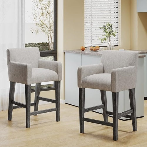 2-Piece Set of 26” Upholstered Counter Stools – Light Grey Fabric Dining Chairs