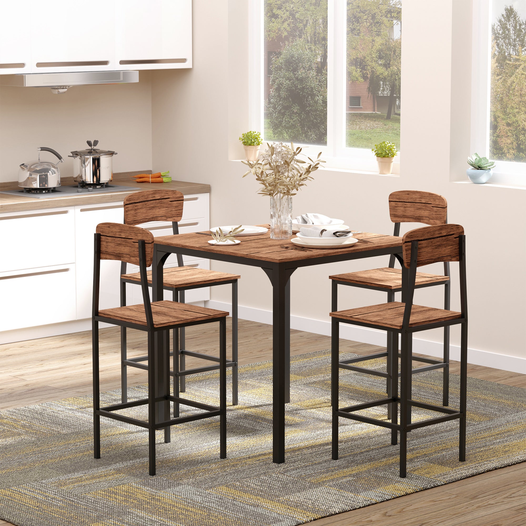5-Piece Modern Counter Height Dining Table Set with 4 Chairs – Walnut Finish