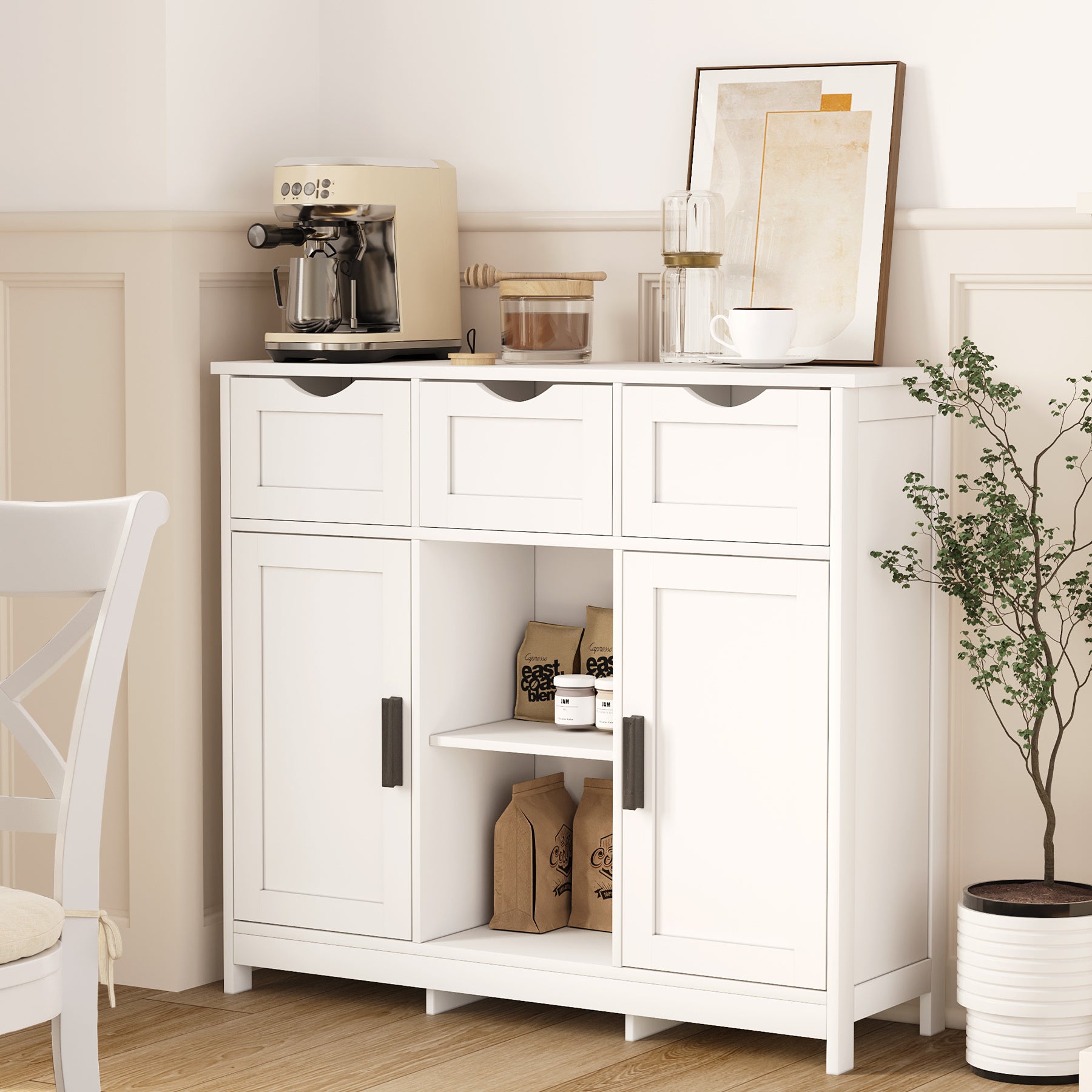 Serenity Luxe White Cabinet – Multifunctional Home Décor Furniture with Shelves & Drawers for Bedroom, Living Room and Bathroom