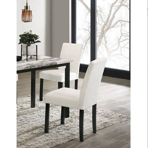 5-Piece White Dining Set – Faux Marble Table & Wool Fabric Chairs