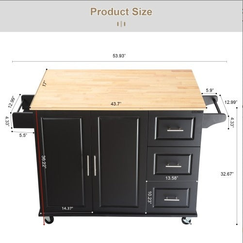 Kitchen Island And Kitchen Trolley, Mobile Kite Island, With Extendable Rubberwood Tabletop, Adjustable Cabinet Shelves
