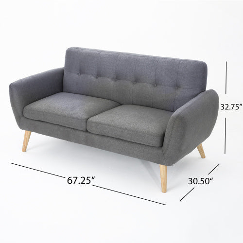 CouchMid-Century Modern Loveseat Sofa – Button-Tufted 2-Seater Couch for Small Spaces, Dark Gray Fabric Upholstery with Wooden Legs