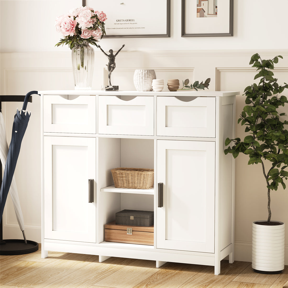 Serenity Luxe White Cabinet – Multifunctional Home Décor Furniture with Shelves & Drawers for Bedroom, Living Room and Bathroom
