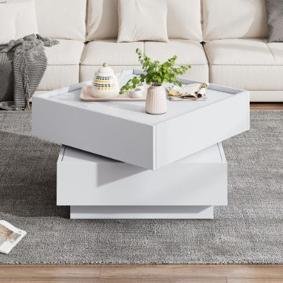 Square 360 Rotating Coffee Table With 2 Drawers, Wooden 2-Tier Center Table With Swivel Tabletop And Storage, Tea Table , WhiteTable Frame Side Table For Living Room