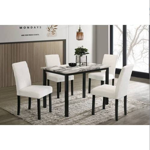 5-Piece White Dining Set – Faux Marble Table & Wool Fabric Chairs