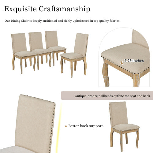 4 Piece Dining Chairs Set  – Wood Upholstered Fabric with Nailhead Trim (Natural Wood Wash)