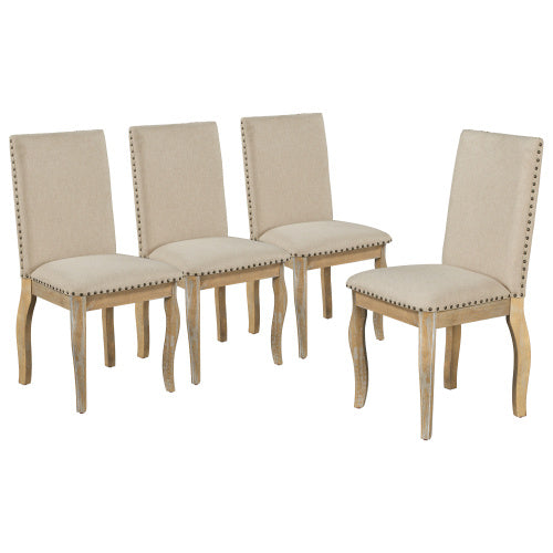 4 Piece Dining Chairs Set  – Wood Upholstered Fabric with Nailhead Trim (Natural Wood Wash)