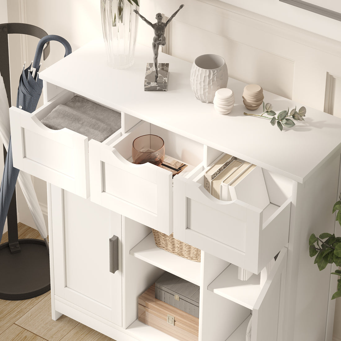 Serenity Luxe White Cabinet – Multifunctional Home Décor Furniture with Shelves & Drawers for Bedroom, Living Room and Bathroom