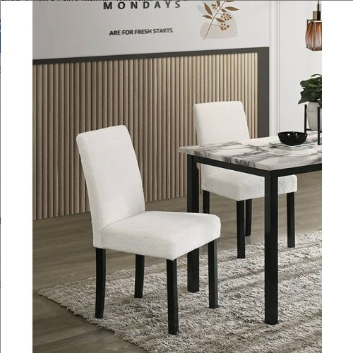 5-Piece White Dining Set – Faux Marble Table & Wool Fabric Chairs