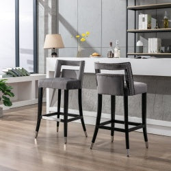 2 Pcs Suede Velvet Barstool Set with Nailhead Trim – Modern 30" Dining Chairs