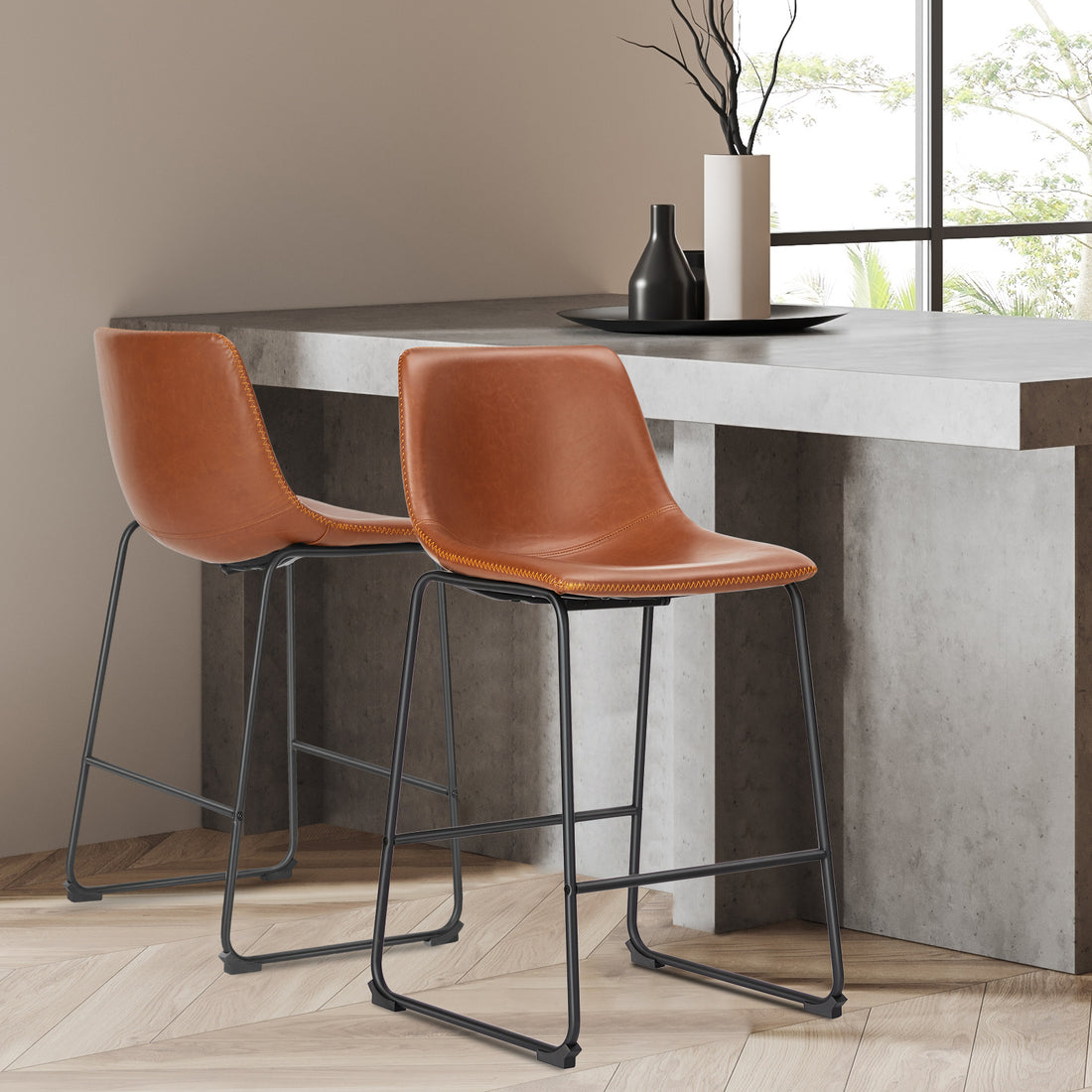 Armless Industrial Faux Leather Barstools With Metal Legs And Footrest, Dining Chairs For Home Office Kitchen Island