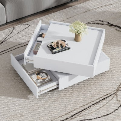 Square 360 Rotating Coffee Table With 2 Drawers, Wooden 2-Tier Center Table With Swivel Tabletop And Storage, Tea Table , WhiteTable Frame Side Table For Living Room