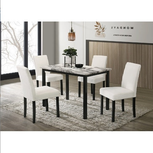 5-Piece White Dining Set – Faux Marble Table & Wool Fabric Chairs